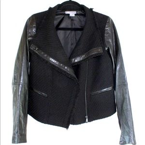 Women's VINCE Black Wool / Lamb Leather Moto Boucle Zip-Up Jacket Size XS